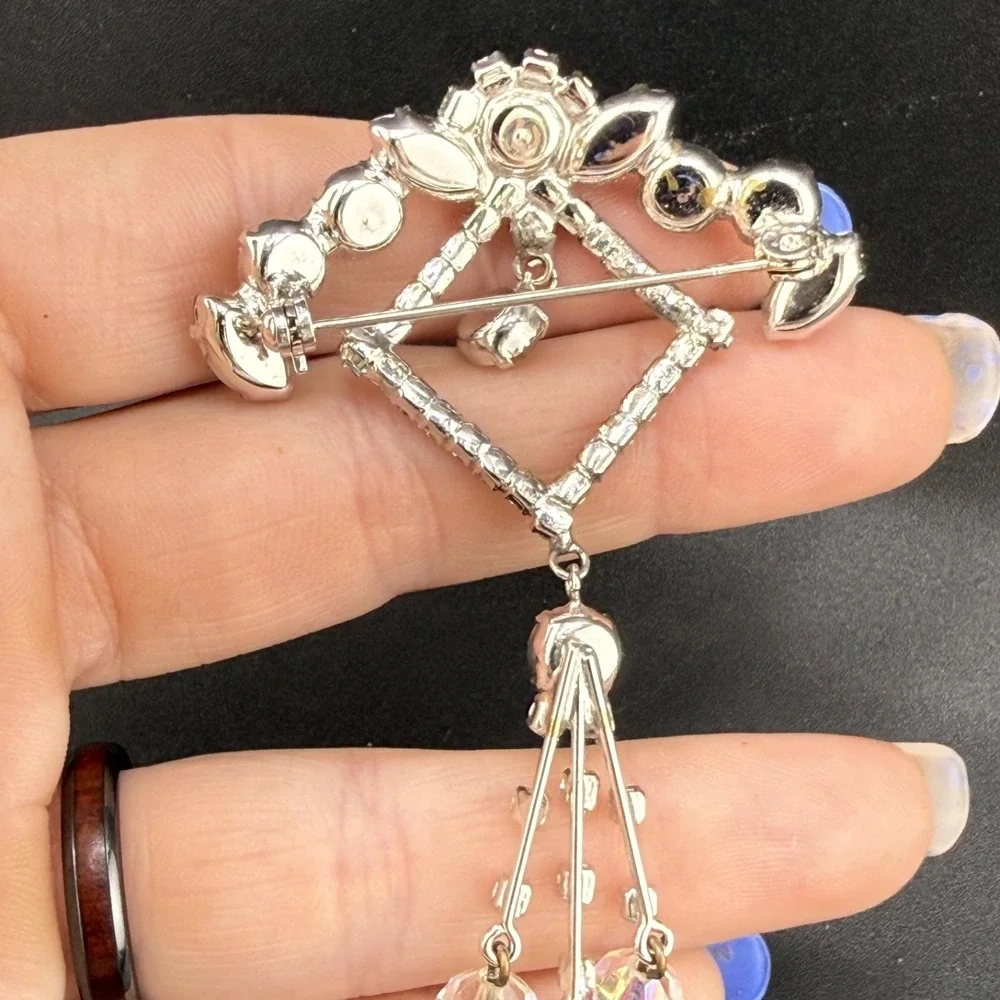 Vintage Estate Rhinestone Brooch Silver Tone Dangle AB Crystal Unique